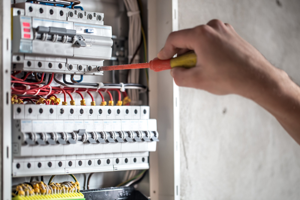 Man Electrical Technician Working Switchboard With Fuses Installation Connection Electrical Equipment Close Up